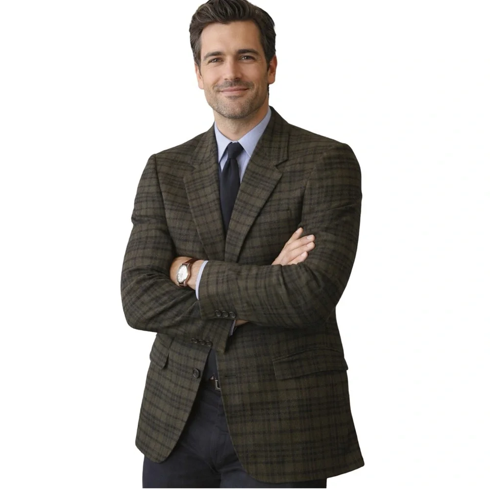 Men's Olive Plaid Blazer - Classic Tailored Sport Coat - Picture 1 of 7
